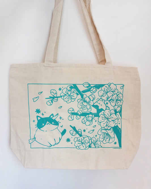 Porcelain Cherry Blossoms Silkscreened Jumbo Canvas Tote Bag with Zipper