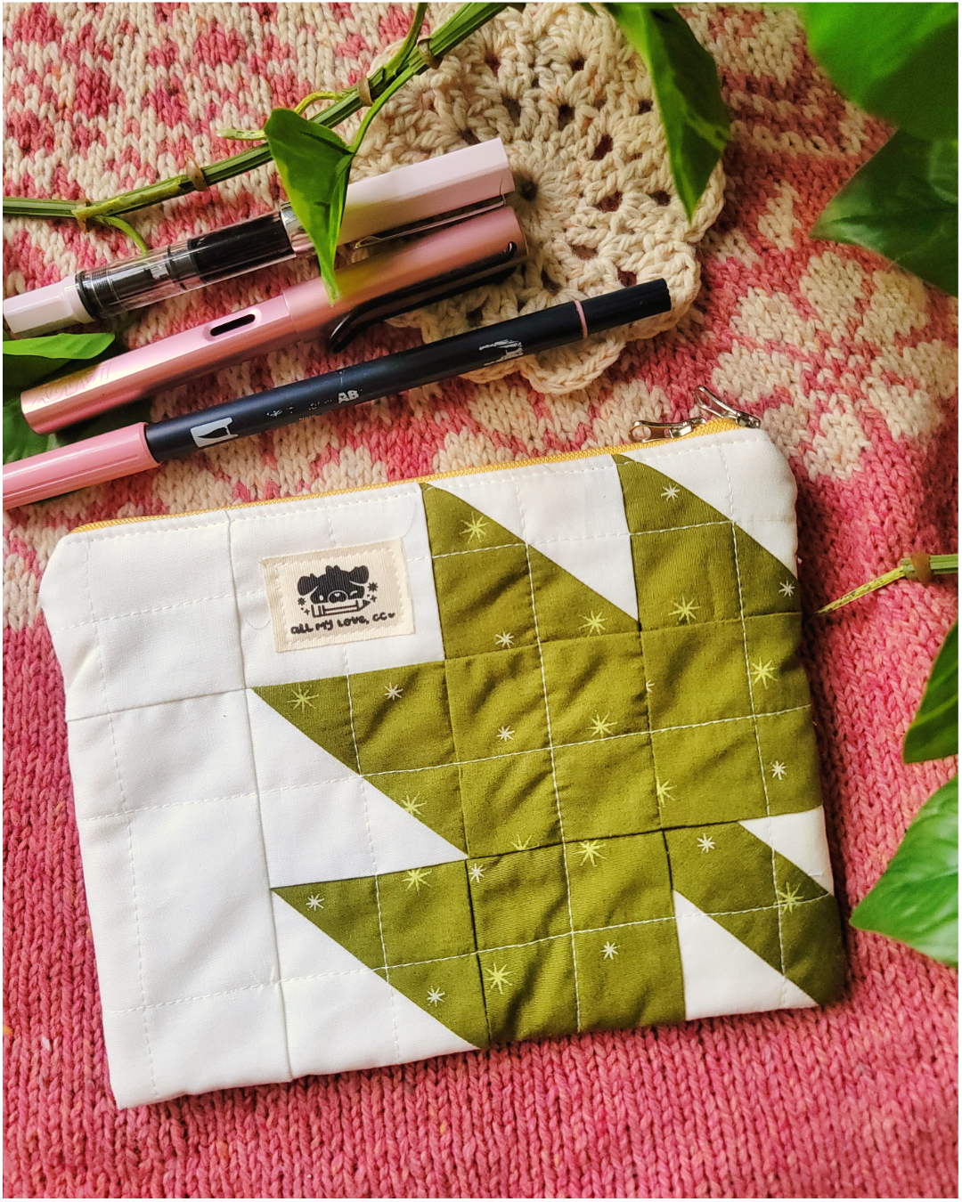 Green Maple Leaf Handmade Imperfect Patchwork Zip Pouch