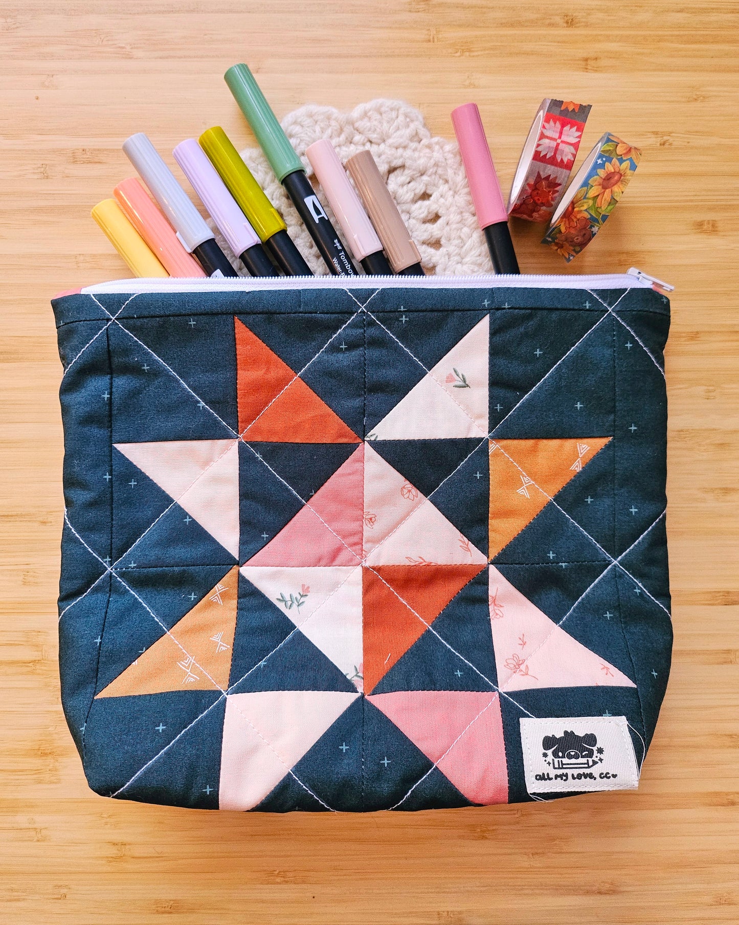 Navy Sawtooth Star Handmade Perfectly Imperfect Patchwork Quilt Pouch