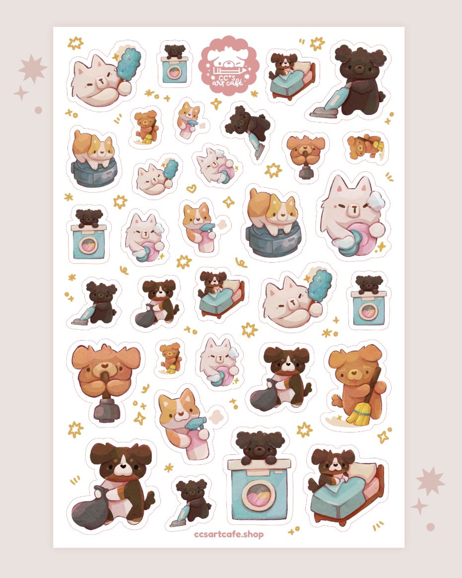 Cleaning Puppy Vinyl Sticker Sheet