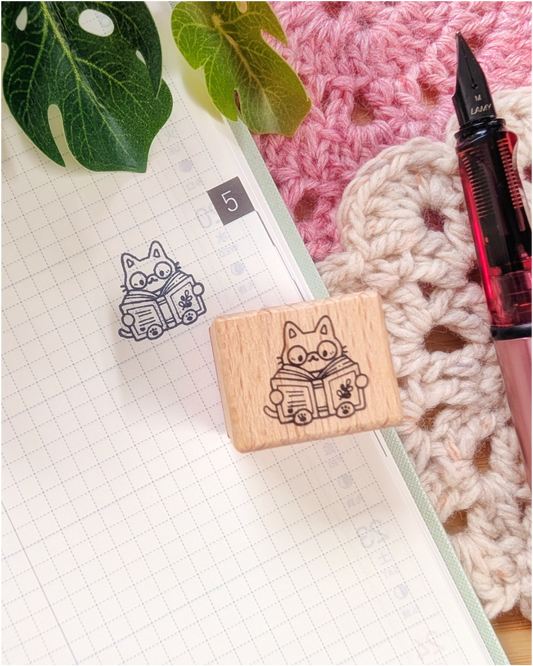 Literary Kitty Small Wood Stamp