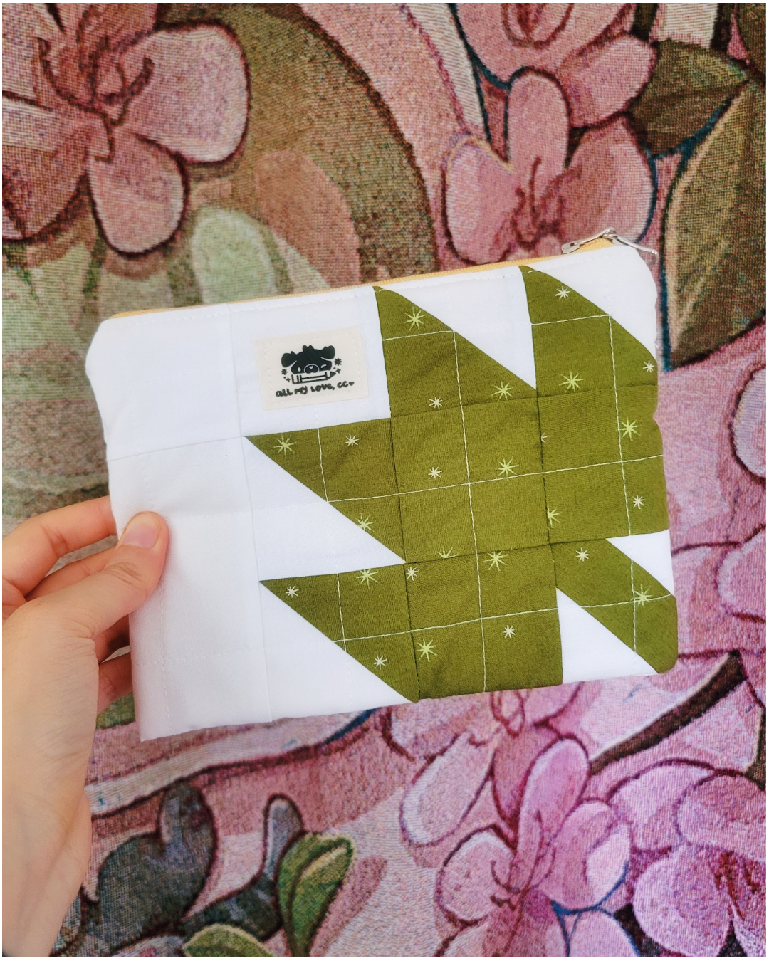 Green Maple Leaf Handmade Imperfect Patchwork  Zip Pouch