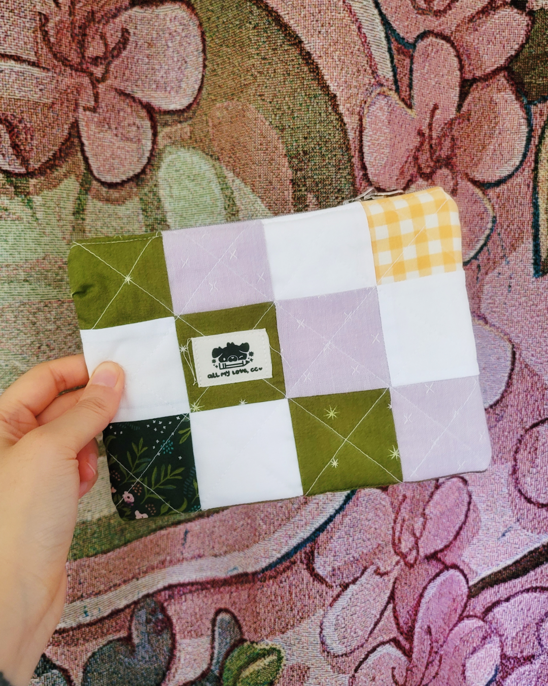 Green and Lavender Handmade Imperfect Patchwork  Zip Pouch